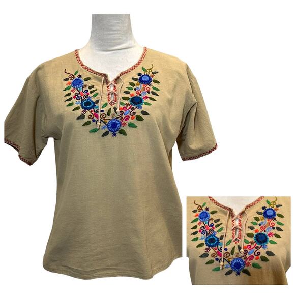 70s Mayan Guatemalan Huipil Inspired Floral Embroidered Stitched Top Blouse Sz M - Picture 2 of 9